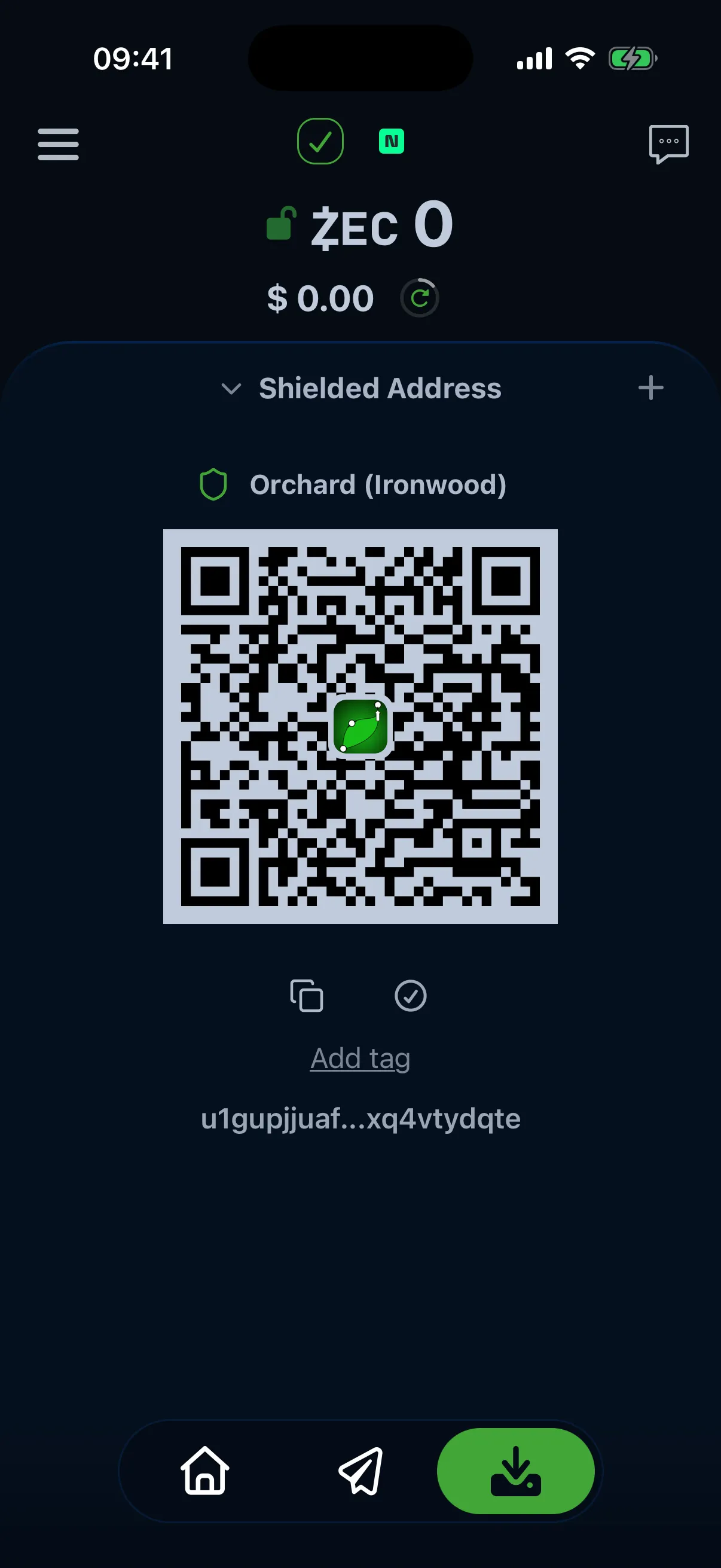 The Receive screen with a shielded Orchard address and its QR code